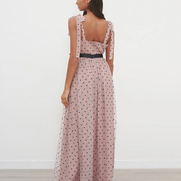 NWT Dusty Pink And Black Polka Dot Mesh Maxi Dress - Picture 2 of 6